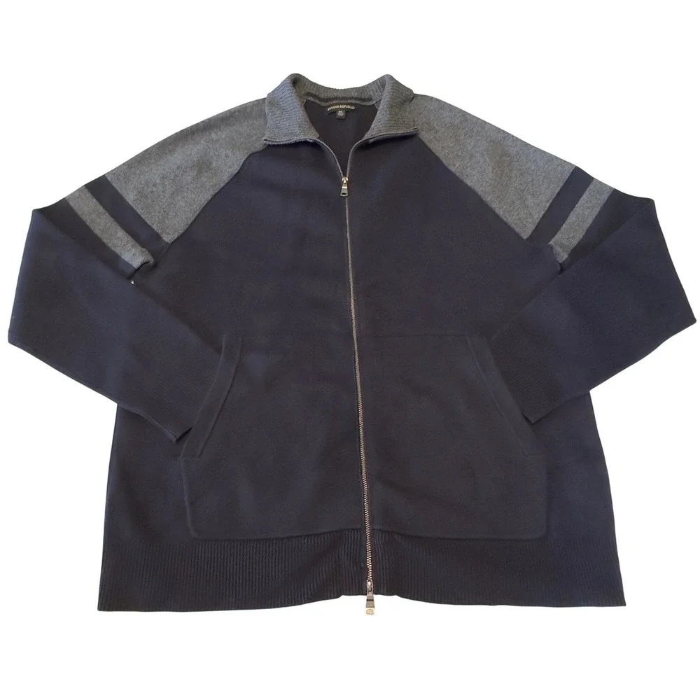 Banana Republic Mens XL Full Zip Cardigan Sweater Navy Blue Gray‎ Mock Neck Knit